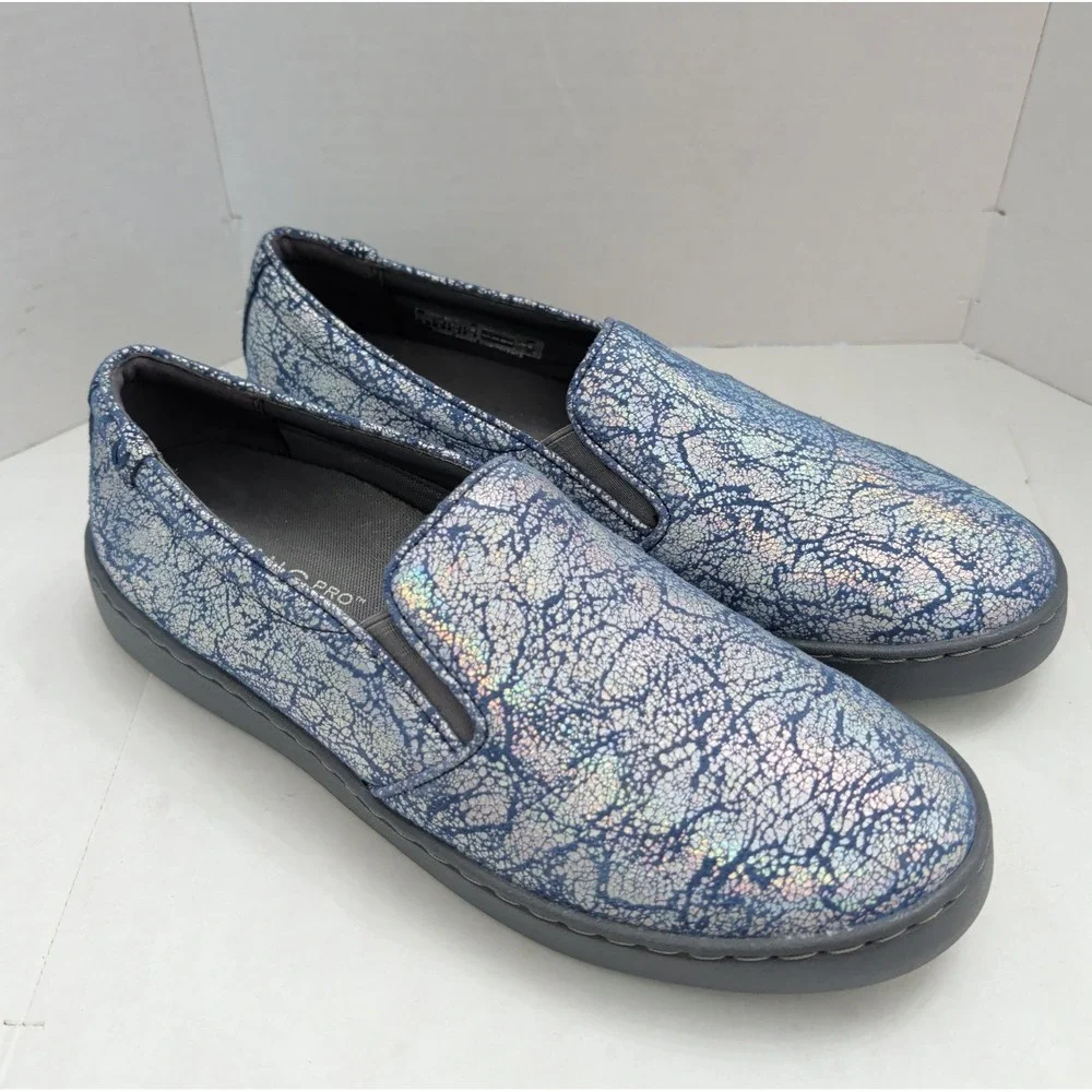 Vionic Avery Metallic Pro Suede Slip On Sneakers Blue Iridescent Shoes Sz 8